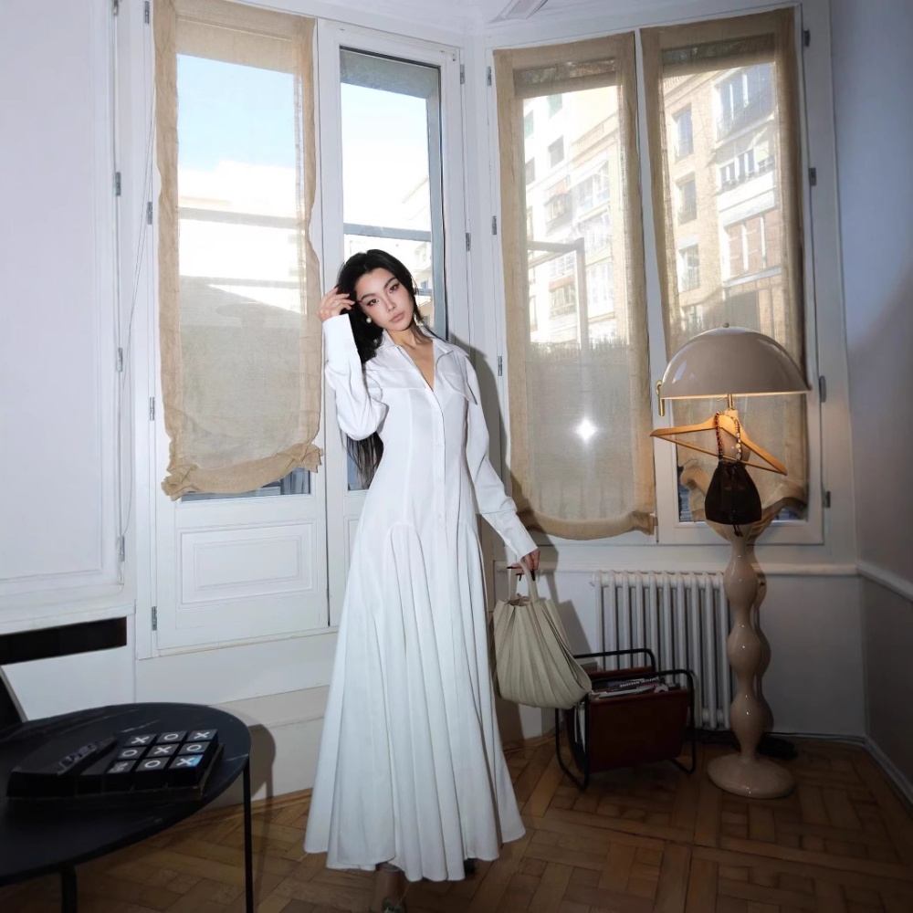 White spring light luxury shirt big skirt long sleeve dress