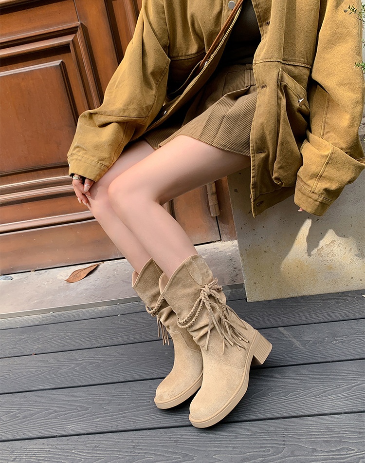 Autumn and winter thick low cylinder tassels denim boots