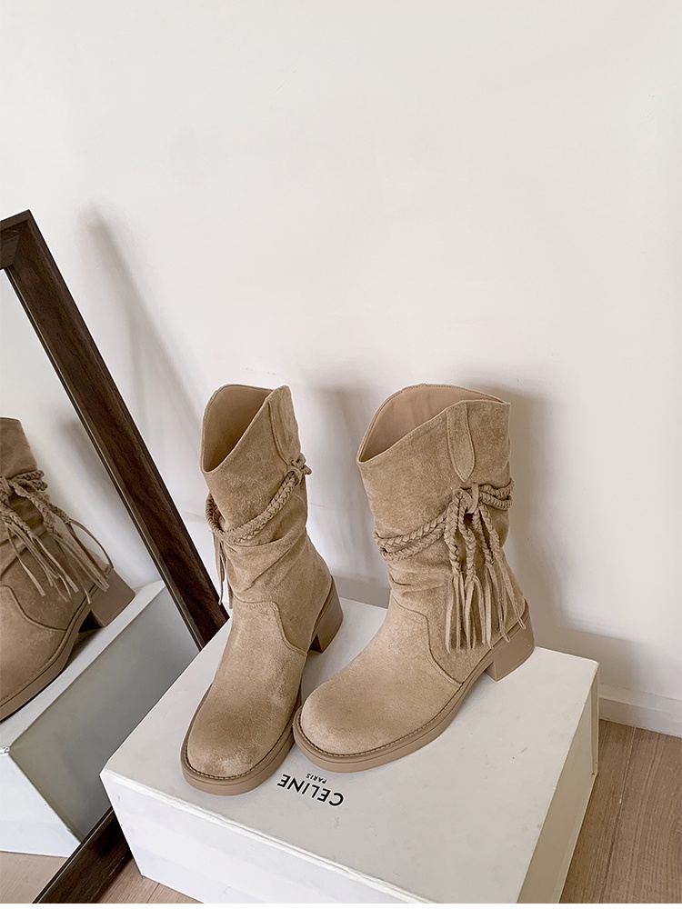 Autumn and winter thick low cylinder tassels denim boots
