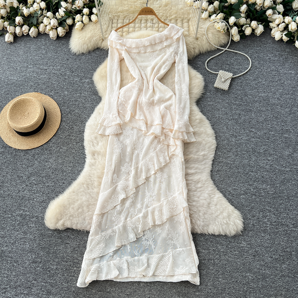 Autumn dress lotus leaf edges long dress for women