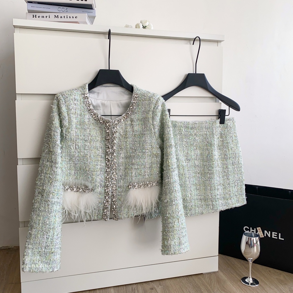 Rhinestone skirt France style coat 2pcs set for women