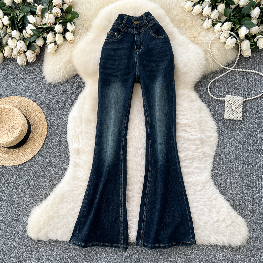 Elasticity high waist long pants washed package hip jeans