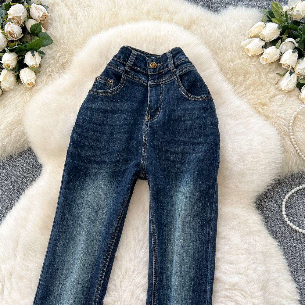 Elasticity high waist long pants washed package hip jeans