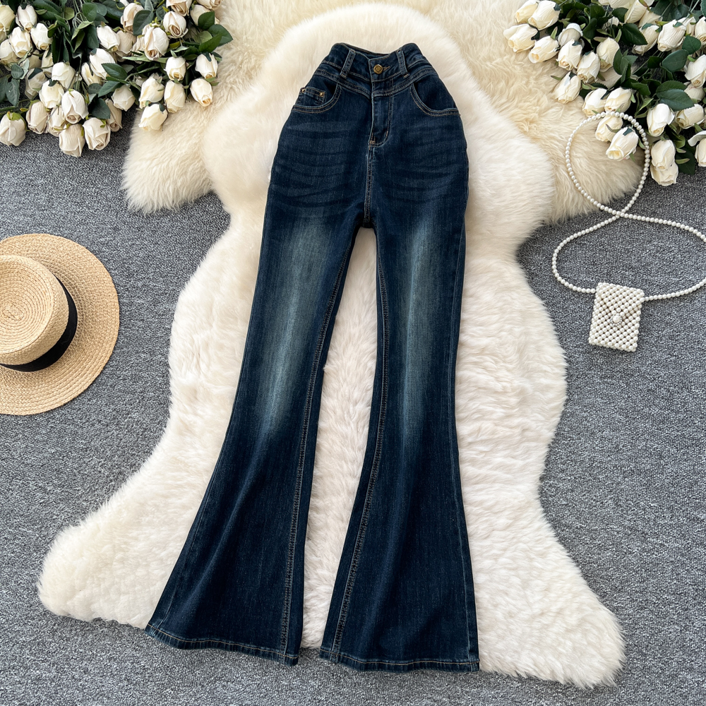 Elasticity high waist long pants washed package hip jeans