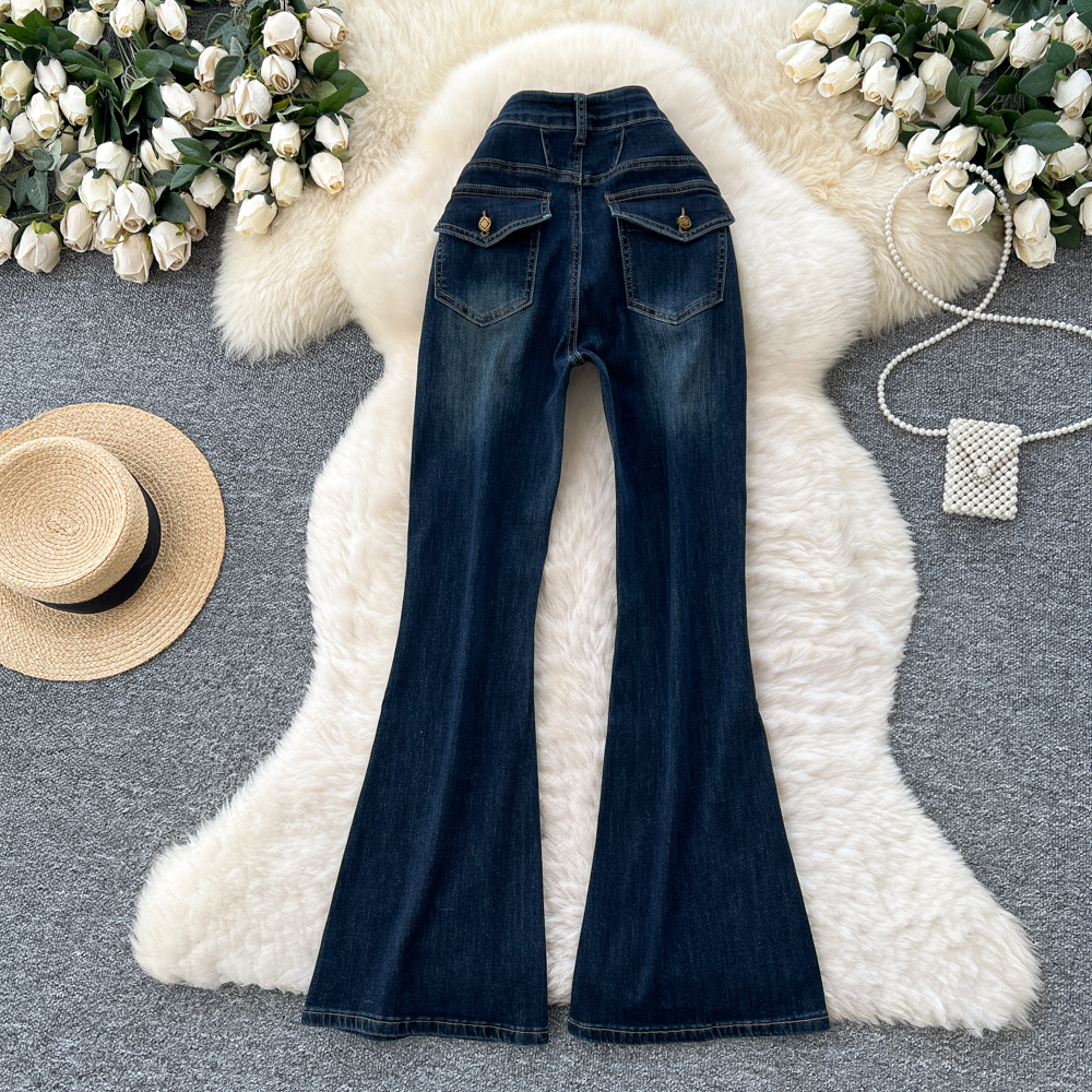 Elasticity high waist long pants washed package hip jeans