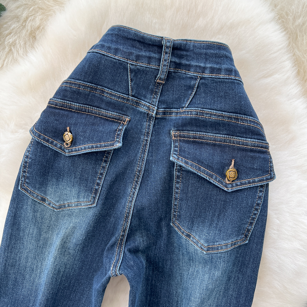 Elasticity high waist long pants washed package hip jeans