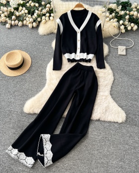 Knitted waistcoat long sleeve long pants 3pcs set for women