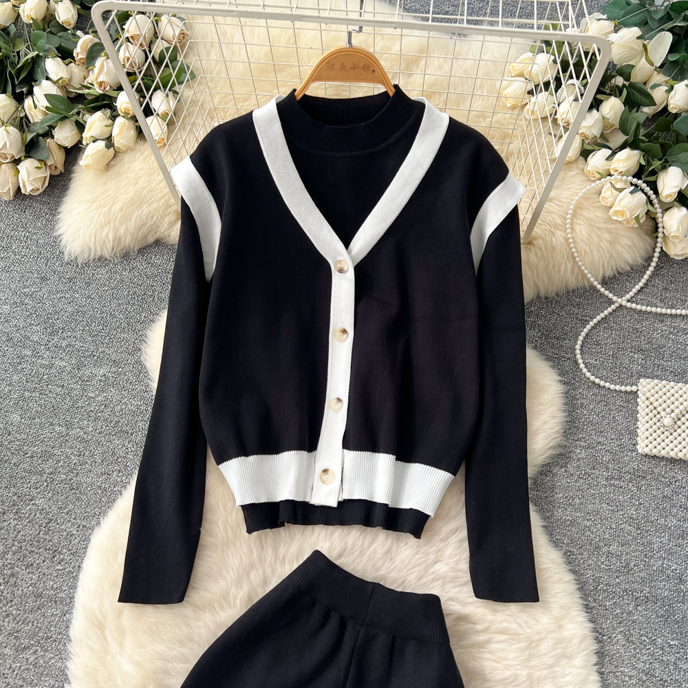Knitted waistcoat long sleeve long pants 3pcs set for women