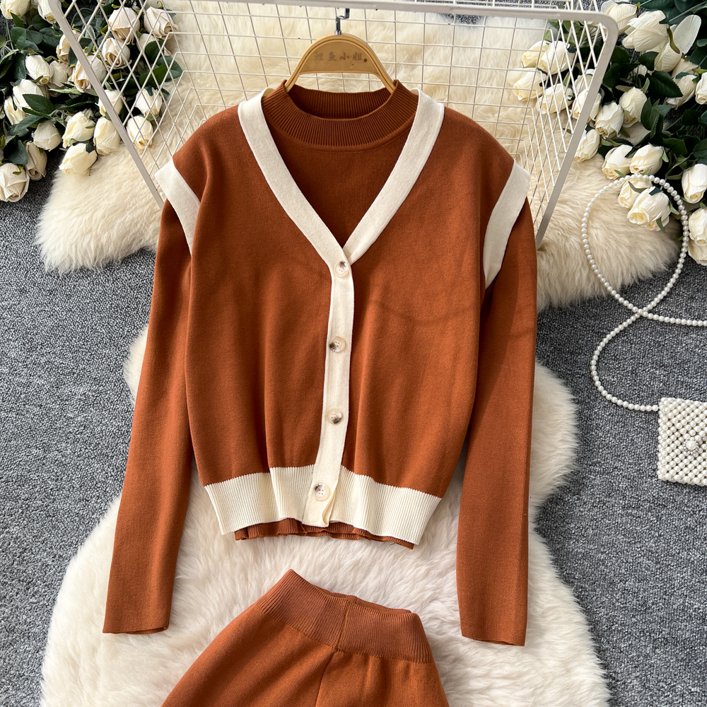 Knitted waistcoat long sleeve long pants 3pcs set for women