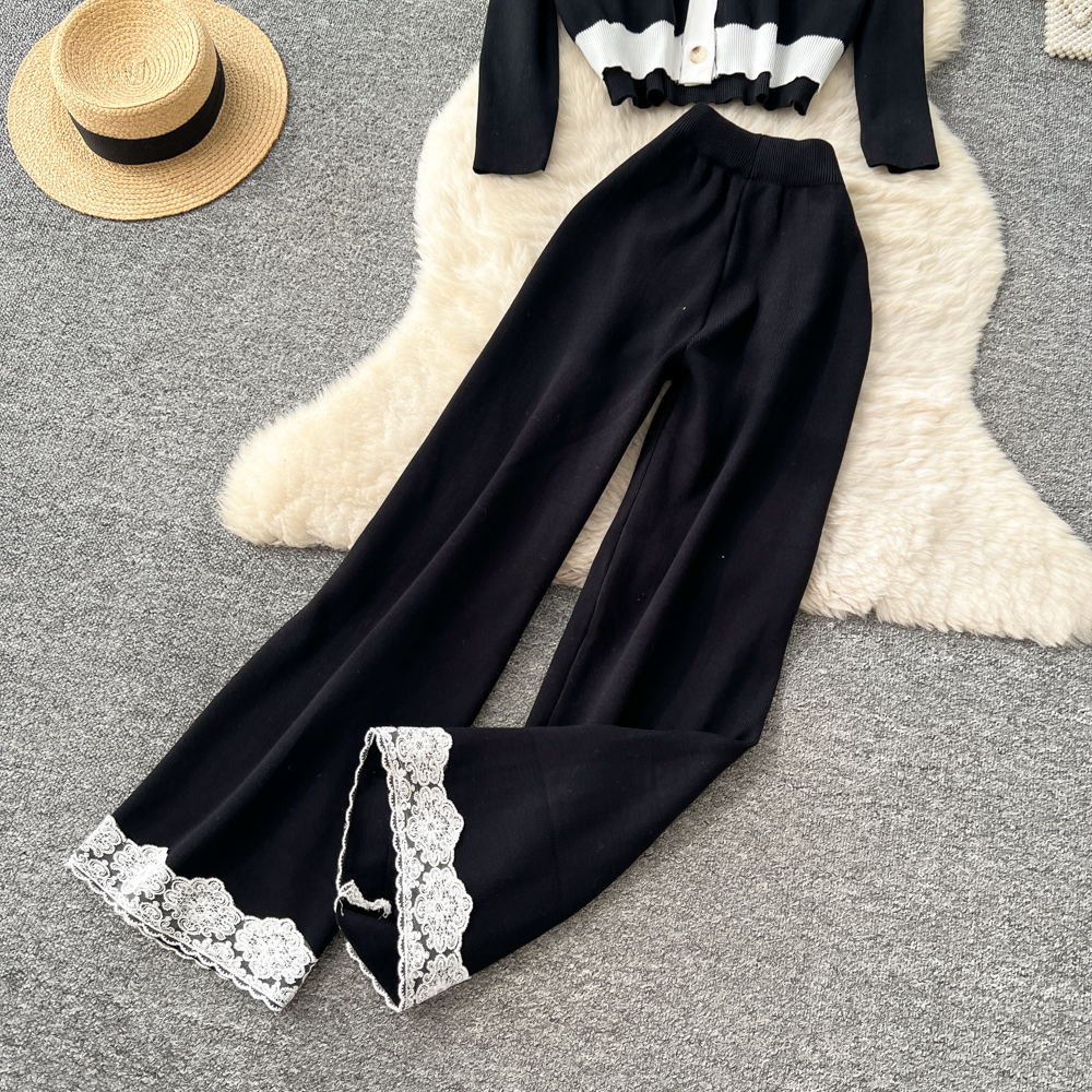 Knitted waistcoat long sleeve long pants 3pcs set for women