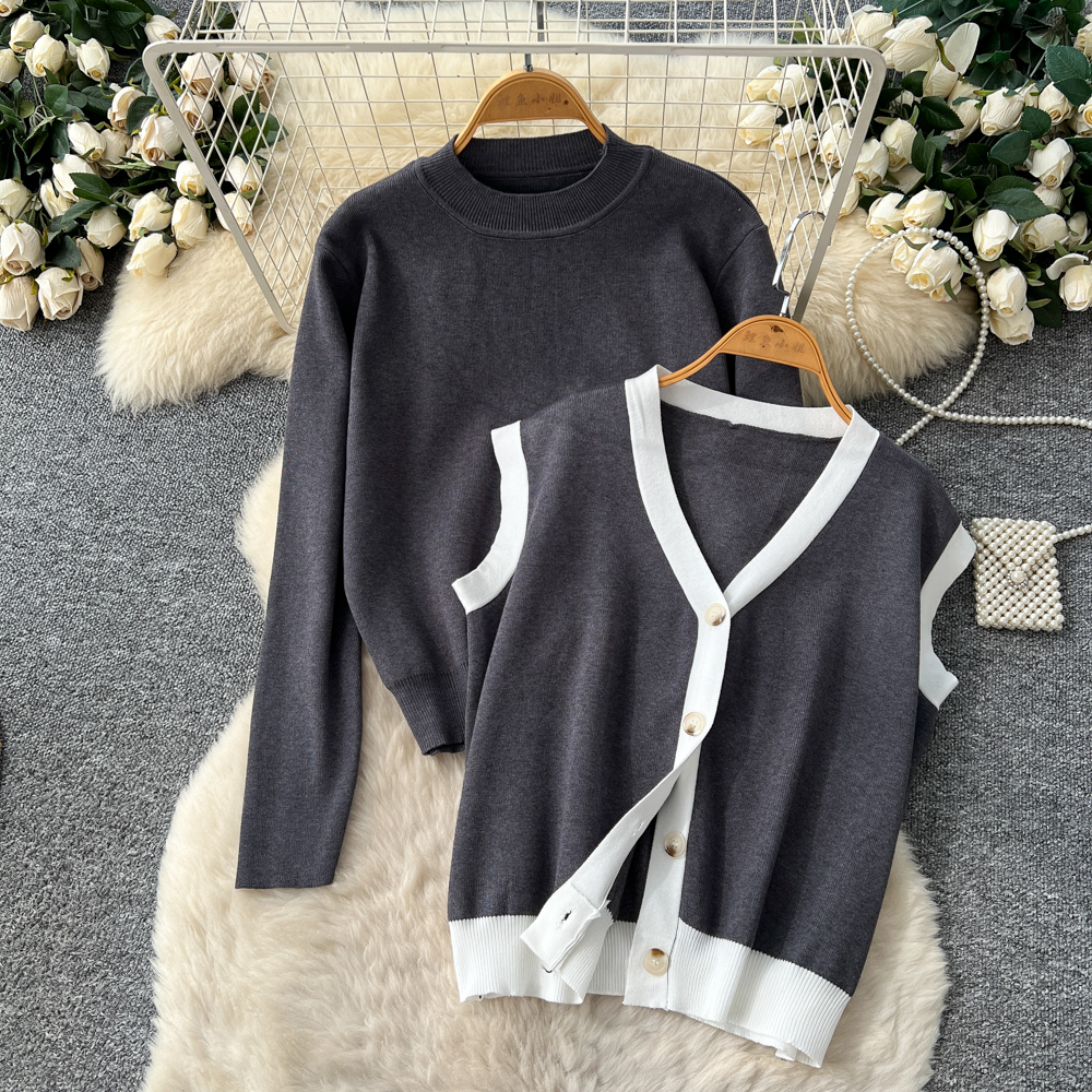 Knitted waistcoat long sleeve long pants 3pcs set for women