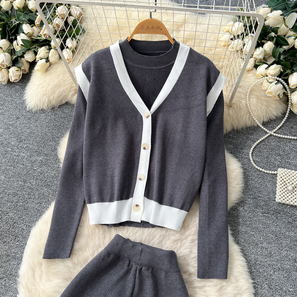 Knitted waistcoat long sleeve long pants 3pcs set for women