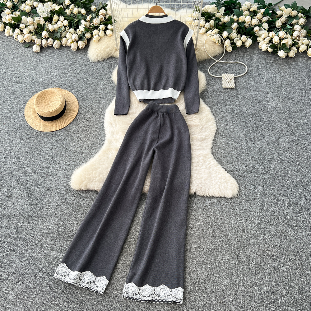 Knitted waistcoat long sleeve long pants 3pcs set for women