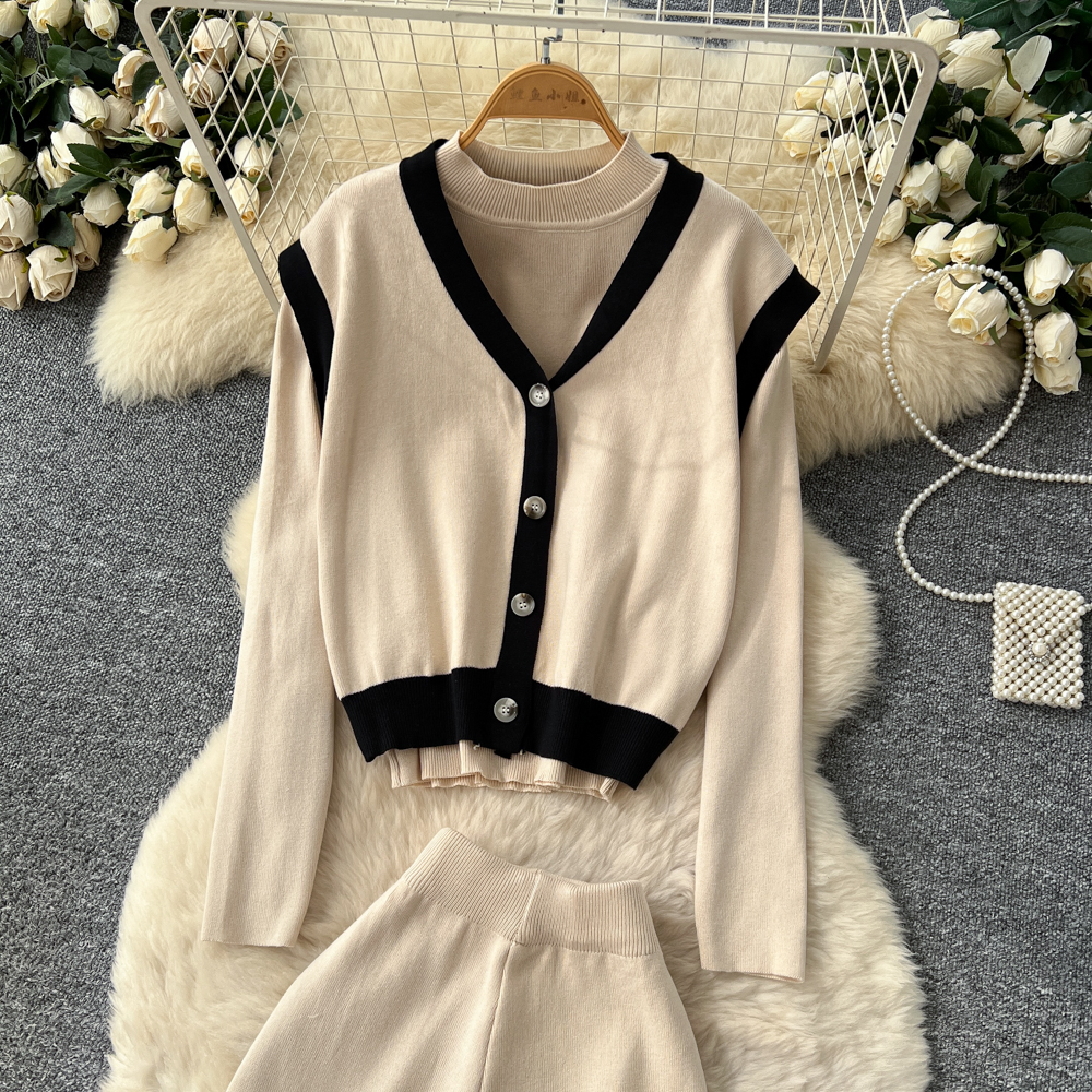 Knitted waistcoat long sleeve long pants 3pcs set for women