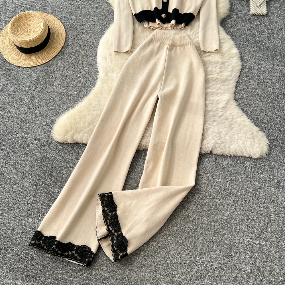 Knitted waistcoat long sleeve long pants 3pcs set for women