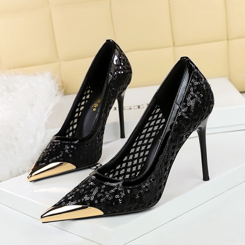 Gauze iron sequins shoes low fine-root high-heeled shoes