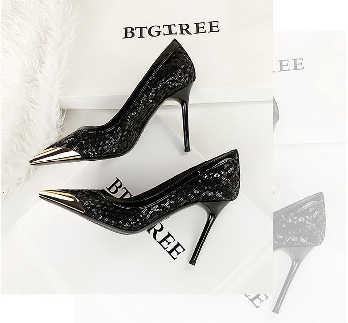 Gauze iron sequins shoes low fine-root high-heeled shoes
