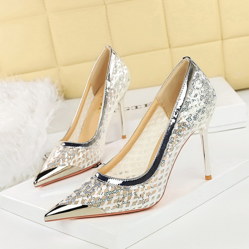 Gauze iron sequins shoes low fine-root high-heeled shoes