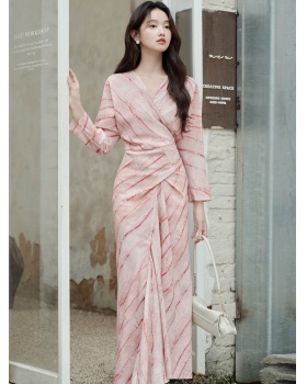 Romantic stripe long dress mixed colors printing jumpsuit