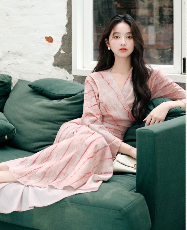 Romantic stripe long dress mixed colors printing jumpsuit