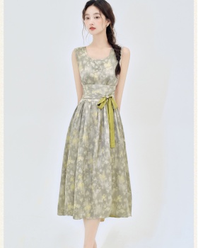 Pinched waist printing sleeveless dress