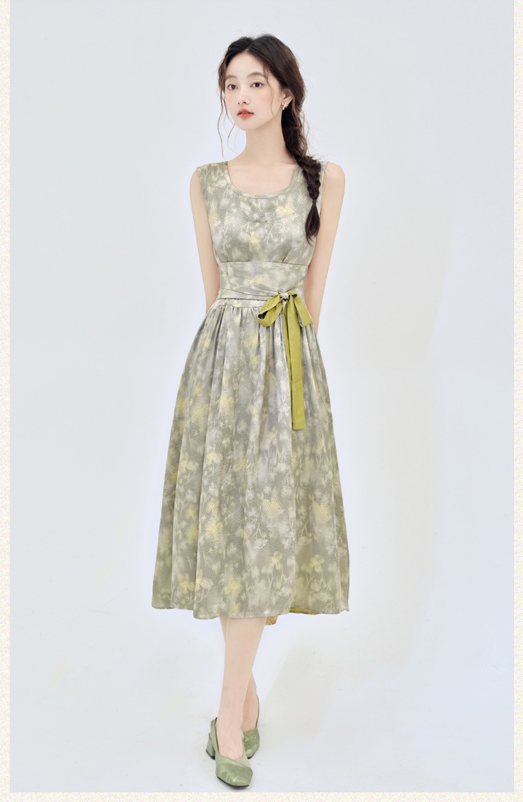 Pinched waist printing sleeveless dress