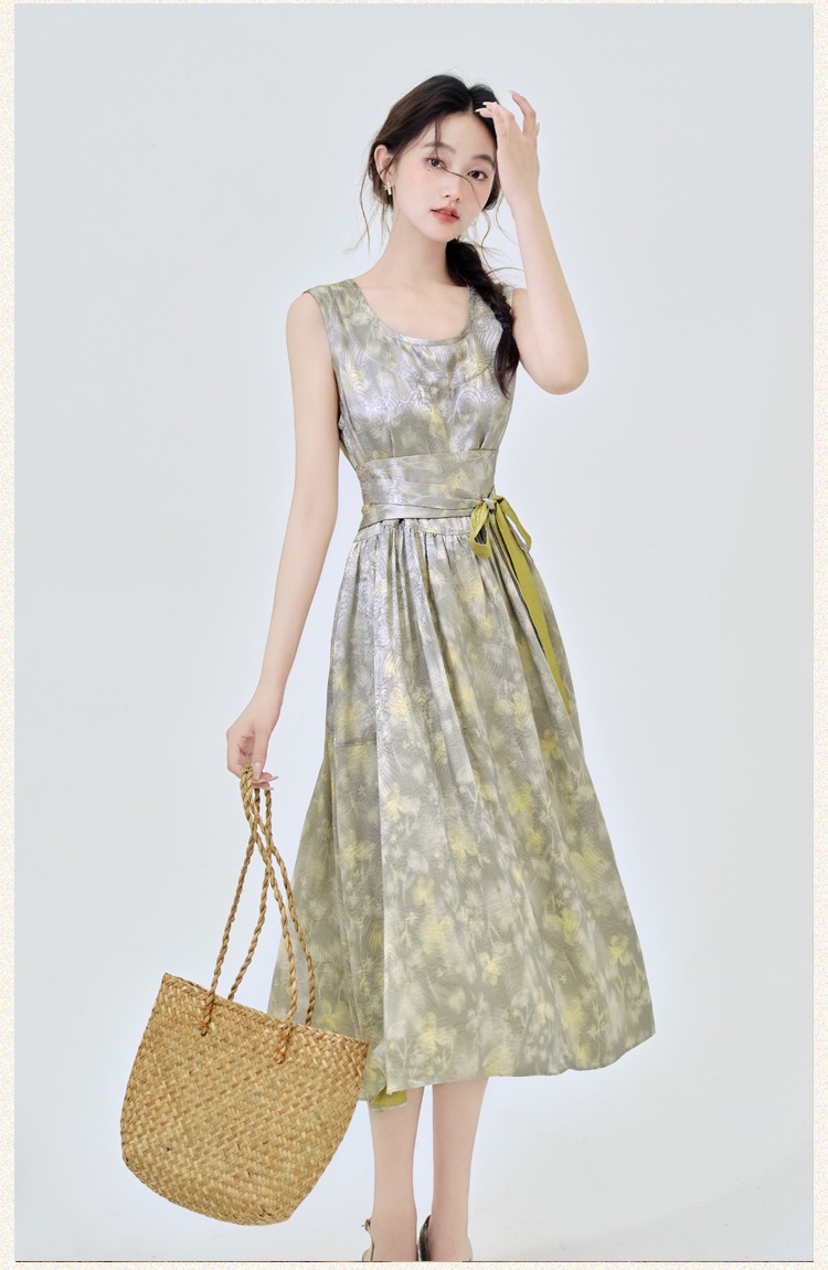 Pinched waist printing sleeveless dress