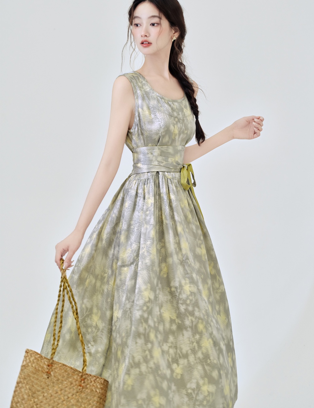 Pinched waist printing sleeveless dress