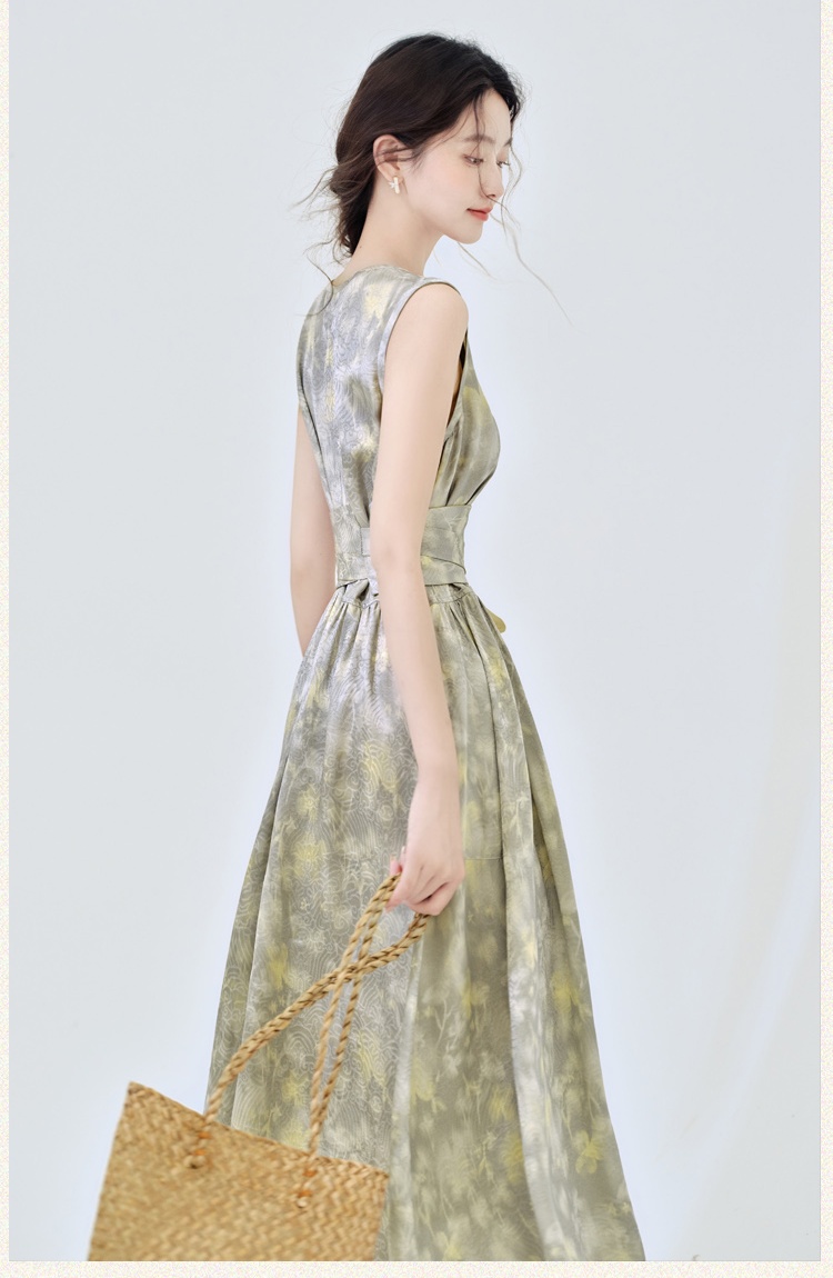 Pinched waist printing sleeveless dress