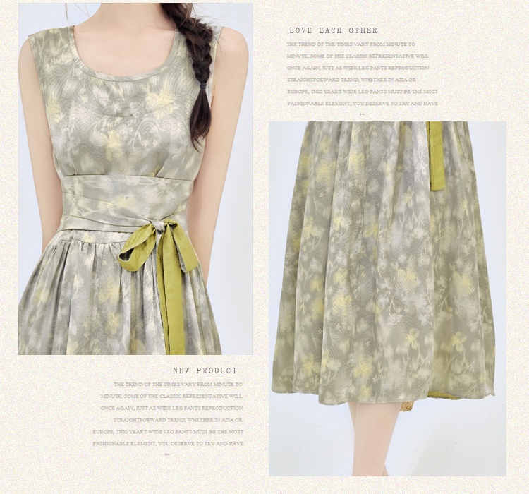 Pinched waist printing sleeveless dress