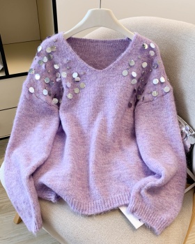 Lazy sequins loose V-neck retro sweater for women