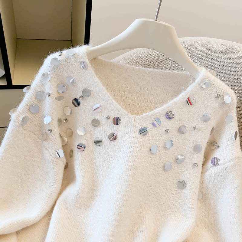 Lazy sequins loose V-neck retro sweater for women