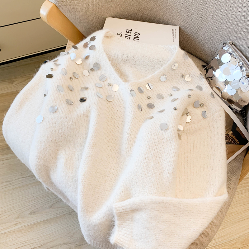Lazy sequins loose V-neck retro sweater for women