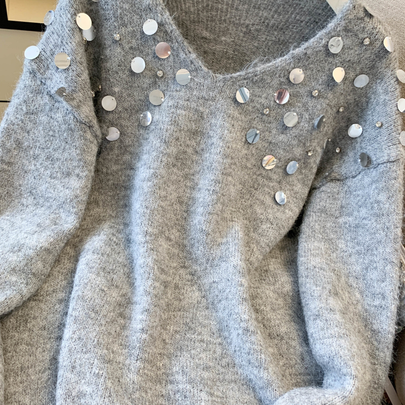 Lazy sequins loose V-neck retro sweater for women