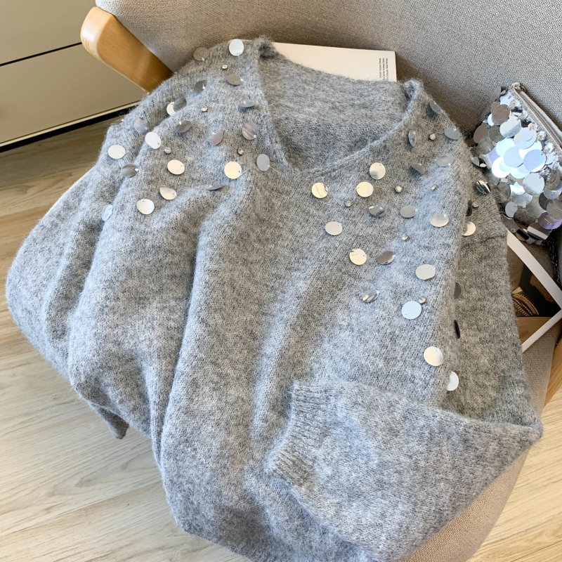Lazy sequins loose V-neck retro sweater for women