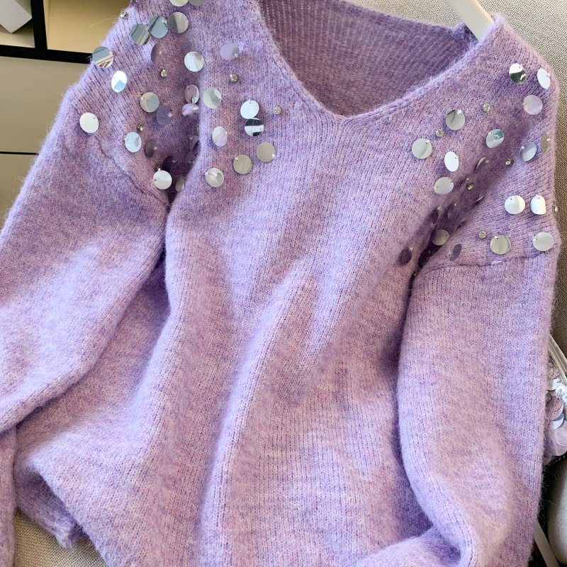 Lazy sequins loose V-neck retro sweater for women