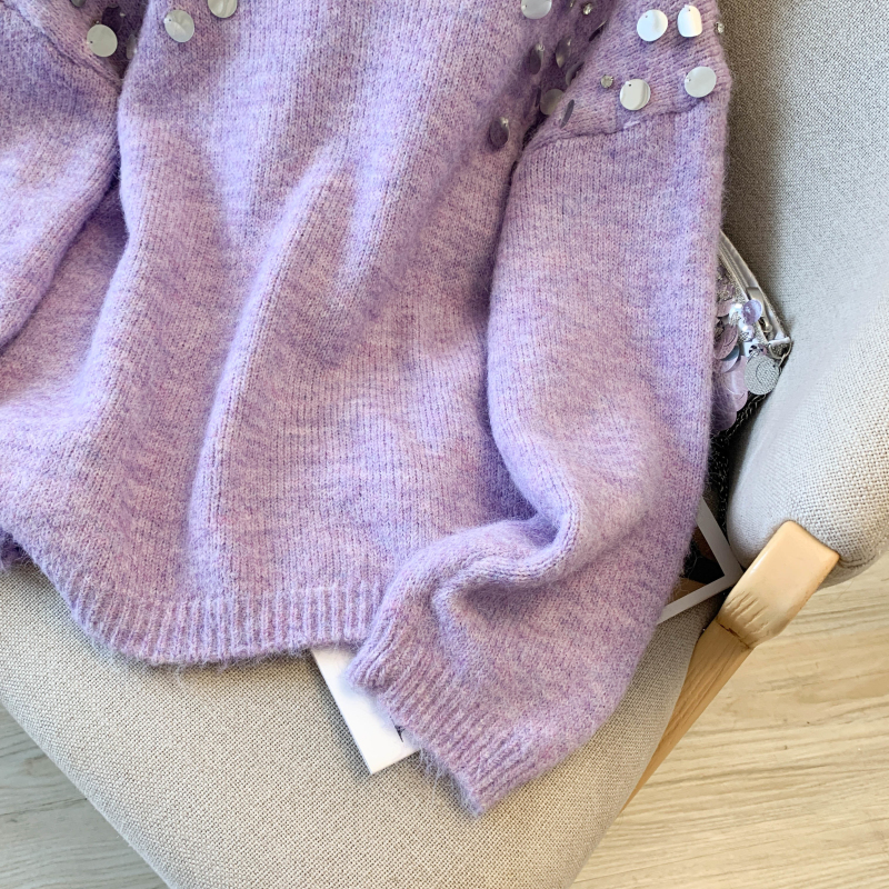 Lazy sequins loose V-neck retro sweater for women
