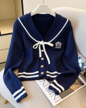 Bow college style tops gray navy collar cardigan