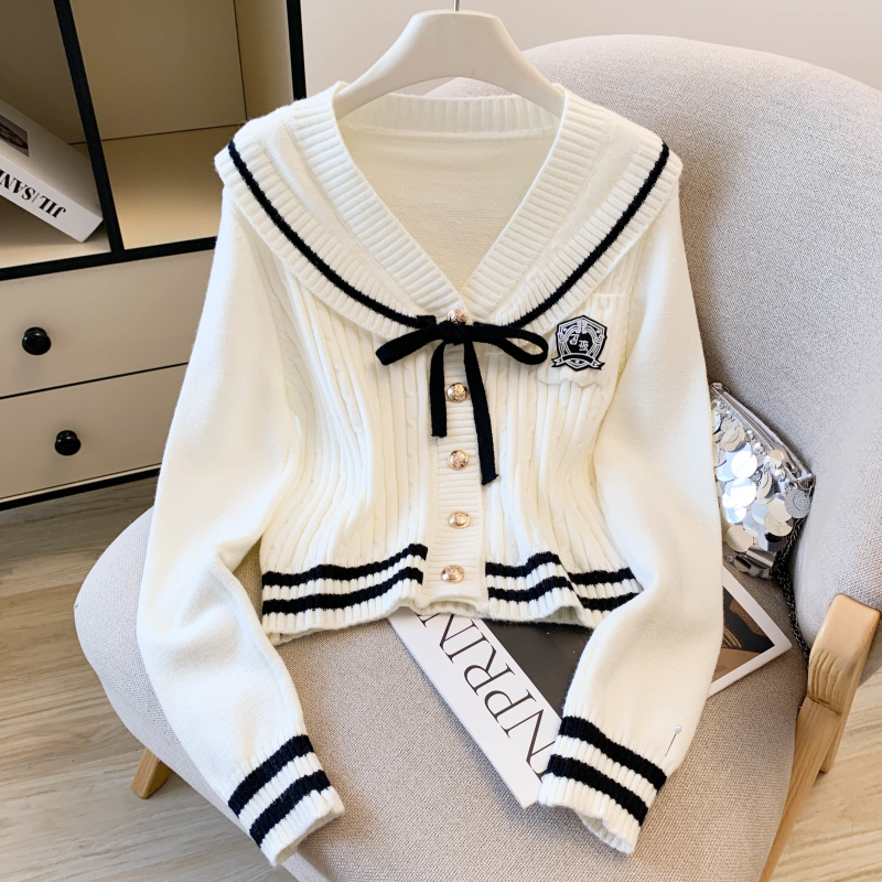 Bow college style tops gray navy collar cardigan