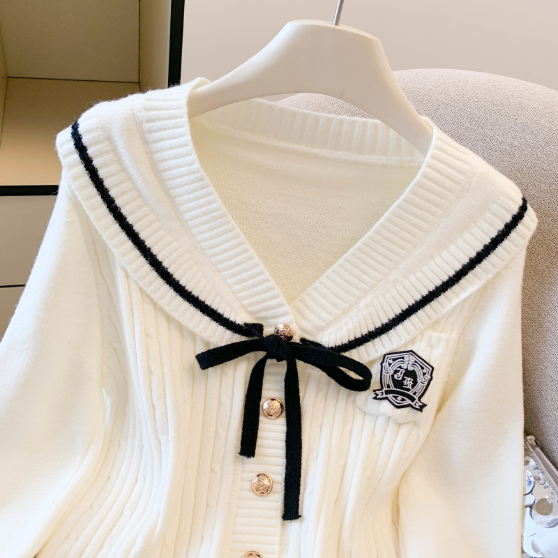 Bow college style tops gray navy collar cardigan