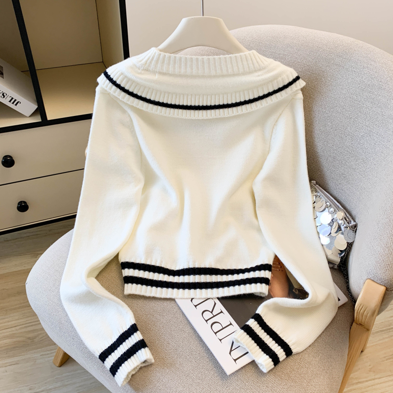 Bow college style tops gray navy collar cardigan