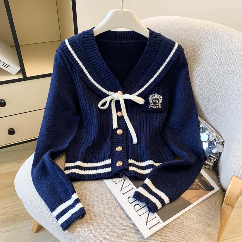 Bow college style tops gray navy collar cardigan