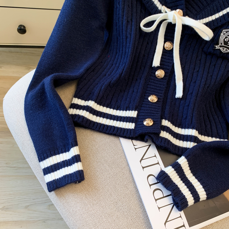 Bow college style tops gray navy collar cardigan