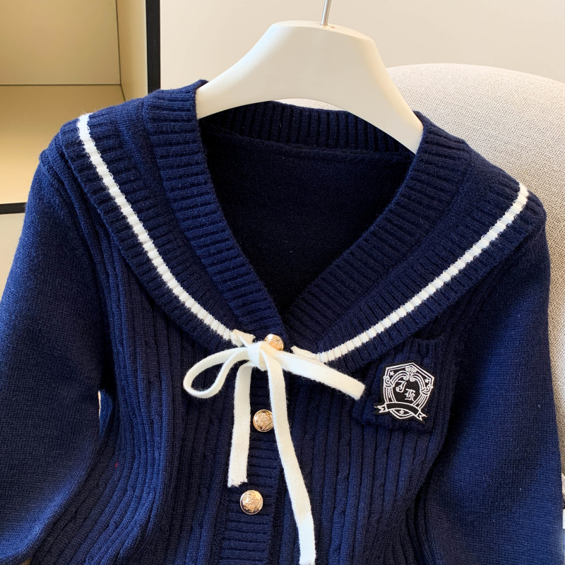 Bow college style tops gray navy collar cardigan