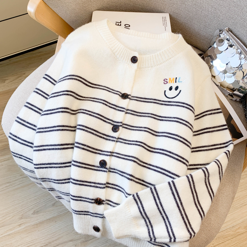 Embroidery autumn tops stripe knitted coat for women