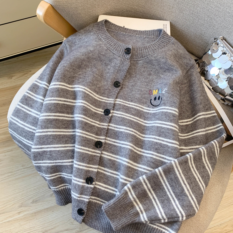 Embroidery autumn tops stripe knitted coat for women