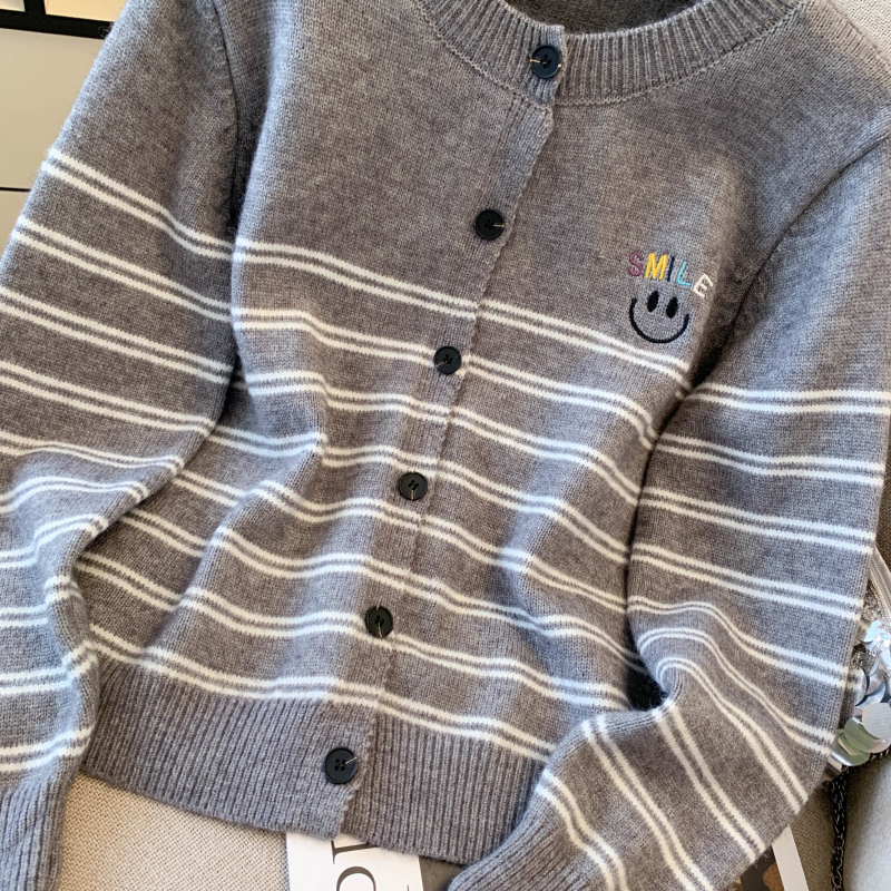 Embroidery autumn tops stripe knitted coat for women