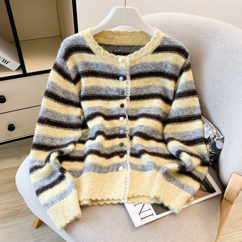Stripe niche coat splice lace sweater for women