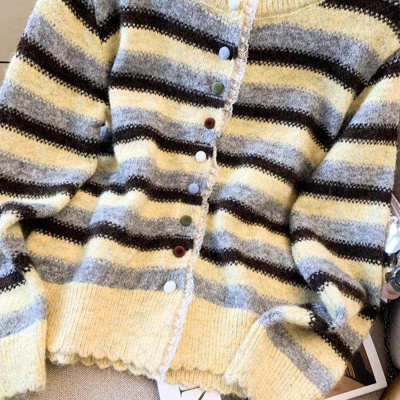 Stripe niche coat splice lace sweater for women