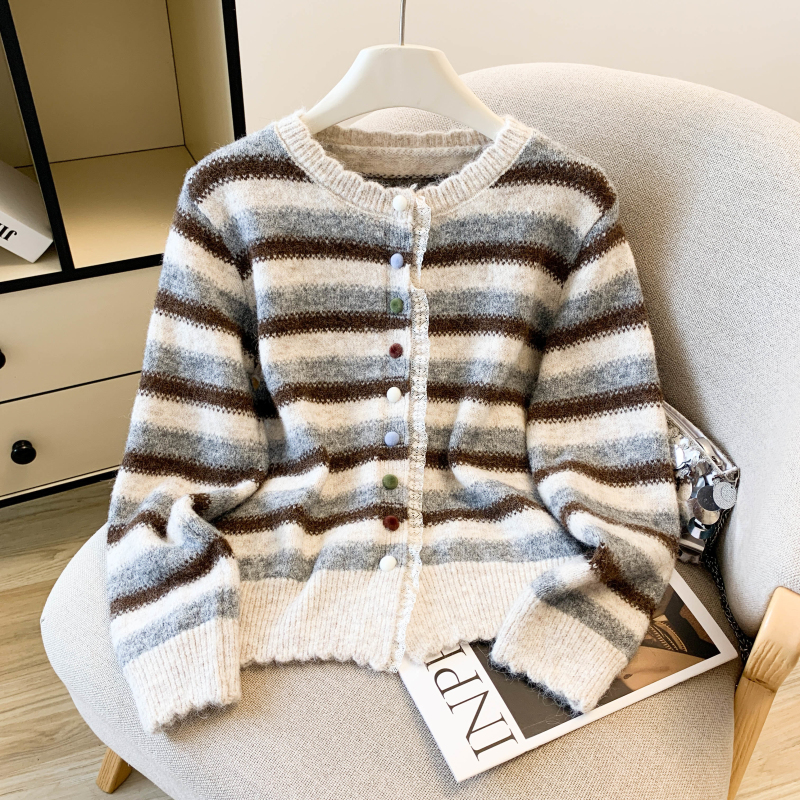 Stripe niche coat splice lace sweater for women
